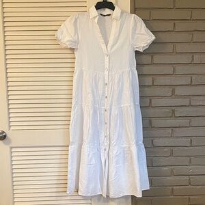 Zara White Button-Front Tiered Midi Dress